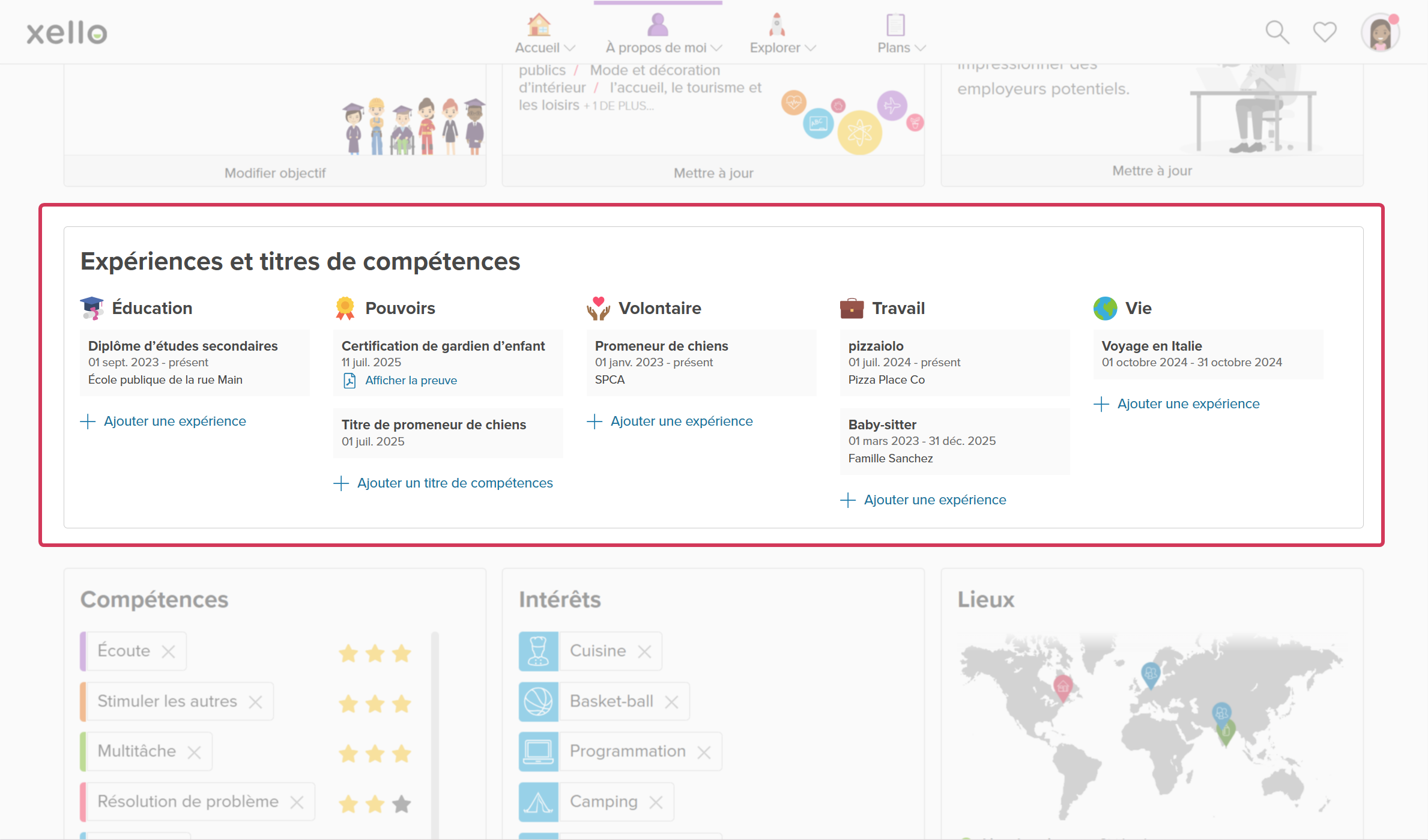 Page de titres de compétences dans Xello